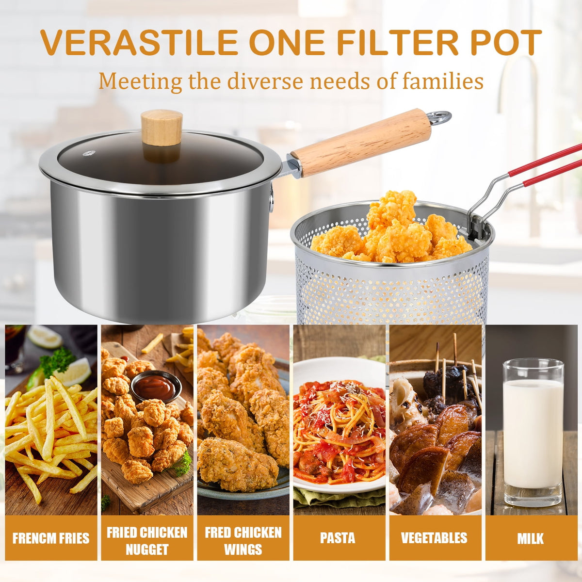 Soulgenix Deep Fryer Pot, 3QT Stainless Steel Fryer Pot with Basket, Multifunction Oil Strainer Pot with Wooden Handle