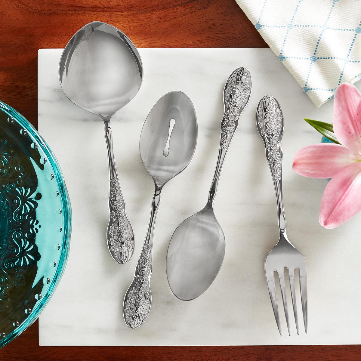(3 pack) The Pioneer Woman Mazie 4-Piece Serve Utensils Set, Stainless Steel, Silver