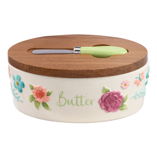 (2 pack) The Pioneer Woman Ceramic Painted Meadow Butter Dish with Acacia Wood Lid and Serving Knife, Best Used for Everyday Kitchen Organization