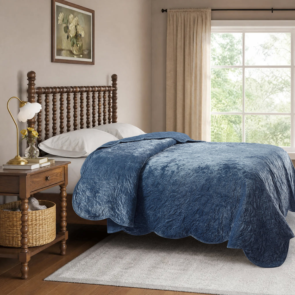 Cottage Bloom Eloise Floral Velvet Quilt, Full/Queen, Blue Dust Bedding