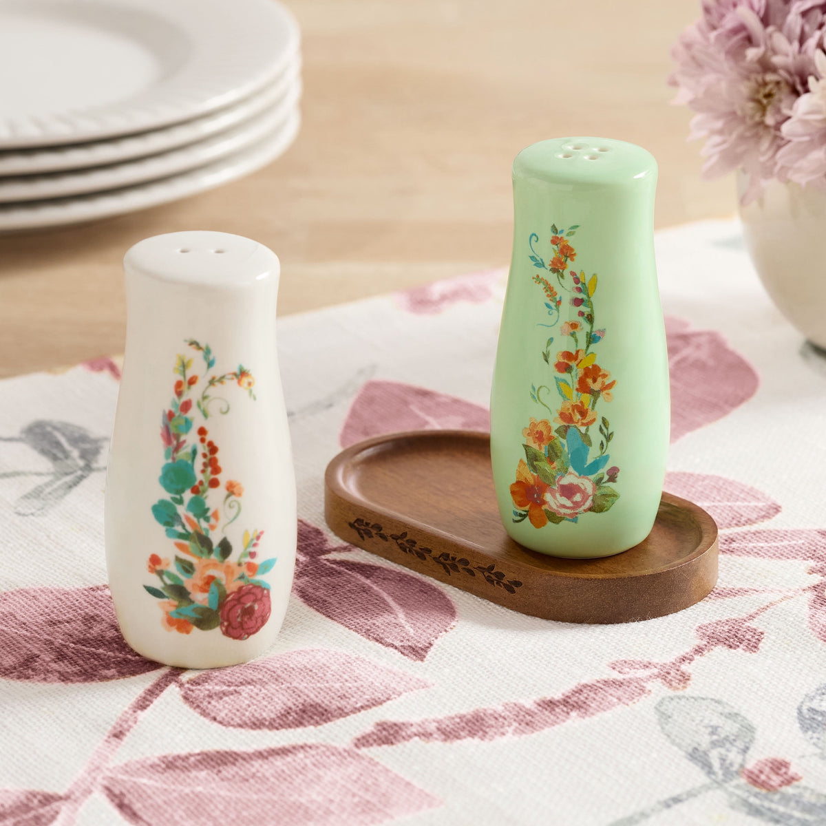 (8 pack) The Pioneer Woman Ceramic Painted Meadow 3 Pieces Salt & Pepper Shakers with Acacia Wood Tray Set, Made for Seasoning Storage and Serving